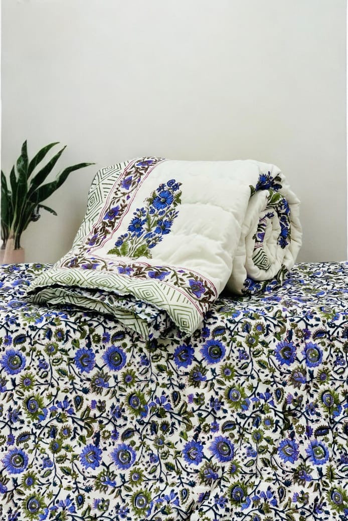 Pure mulmul cotton handblock printed single reversible quilt (razai 60x90 inches)