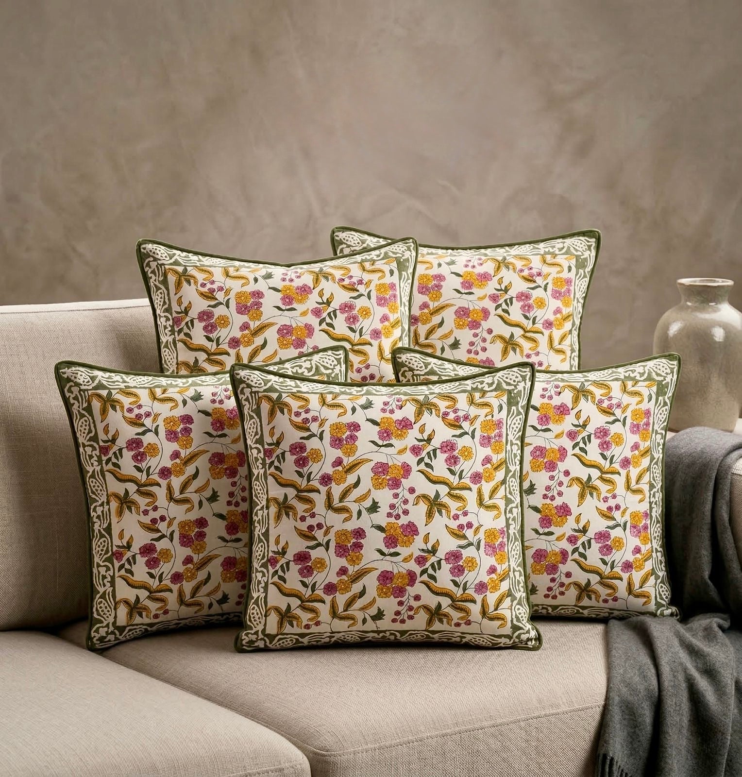 Pure cotton hand-block printed set of 5 cushion covers (16x16 inches)