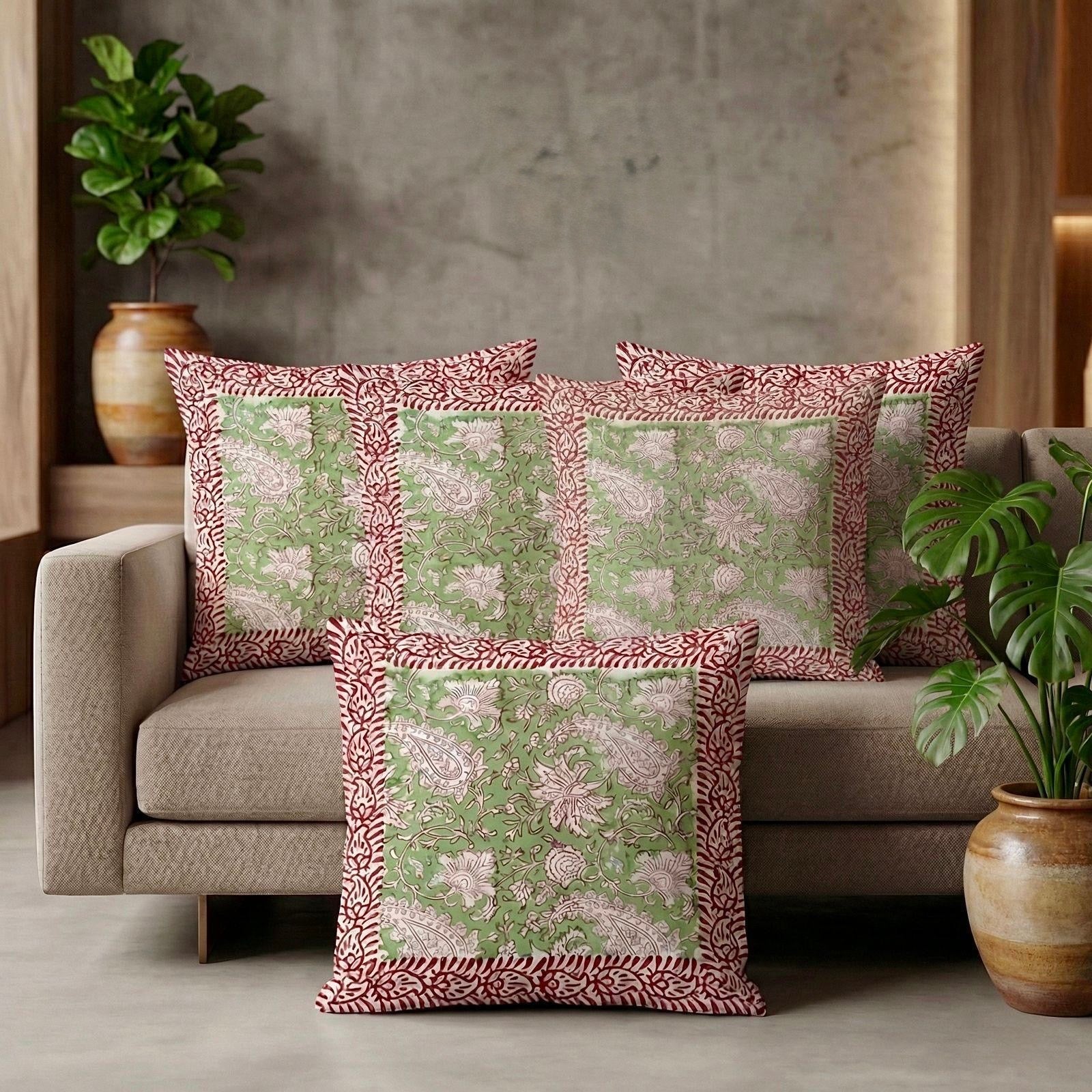 Pure cotton hand-block printed set of 5 cushion covers (16x16 inches)