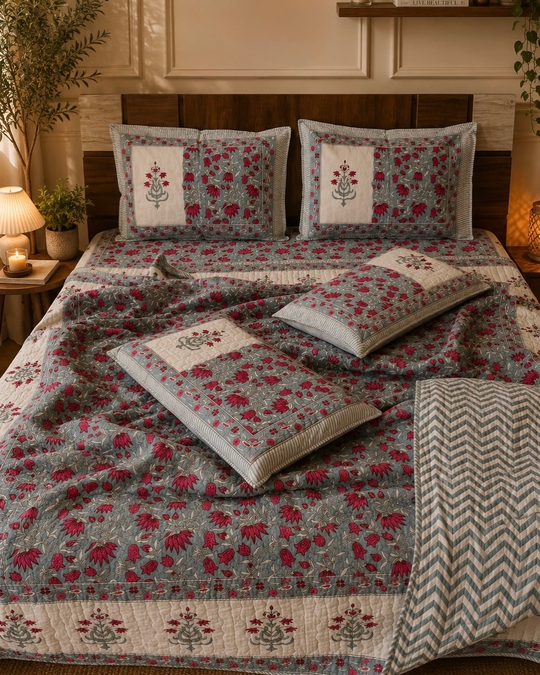 Pure cotton handblock printed king size 6 piece bedding set