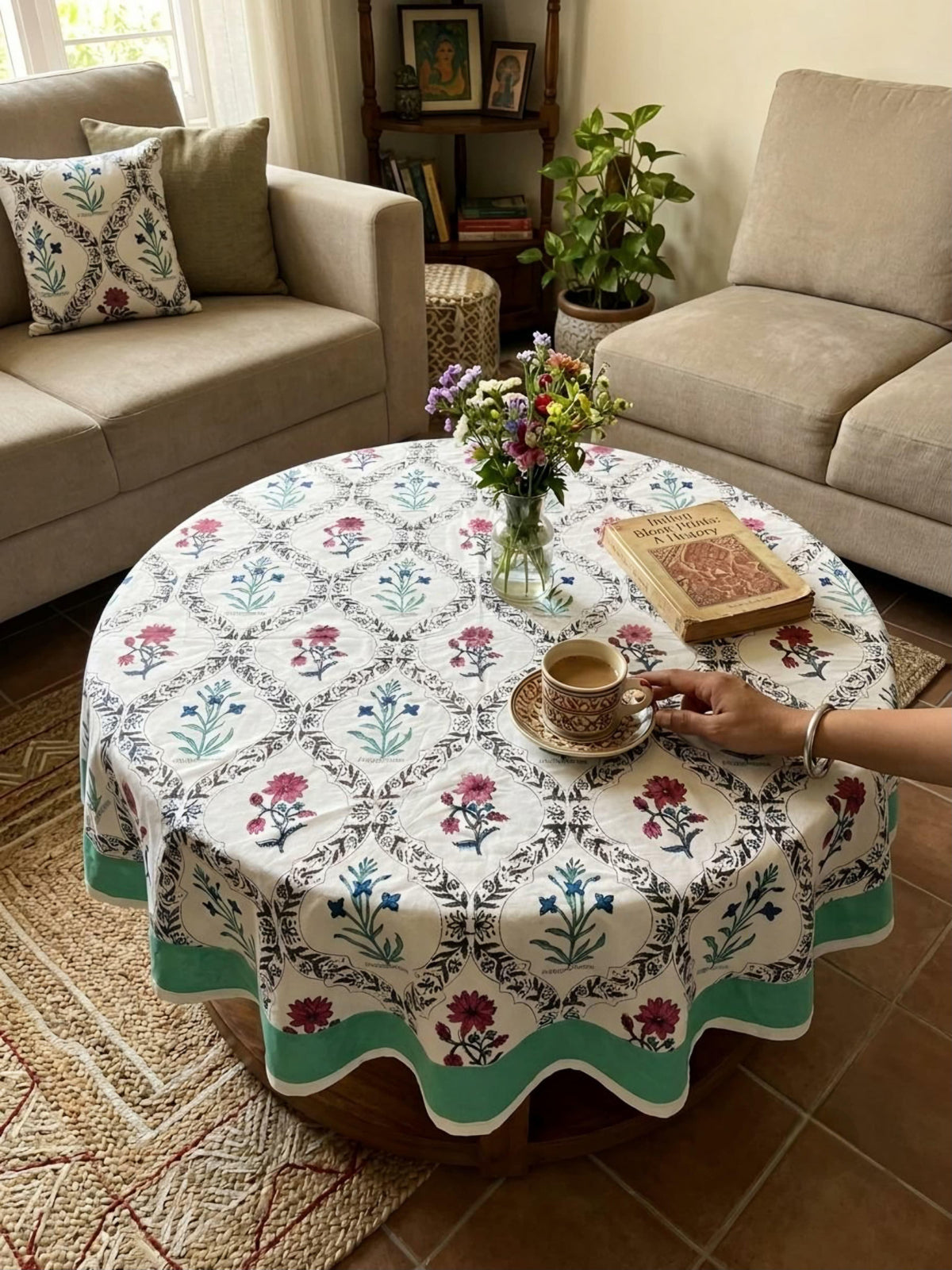 Pure cotton hand-block printed table cover for 4 seater dining table / centre table (60 inches diameter)