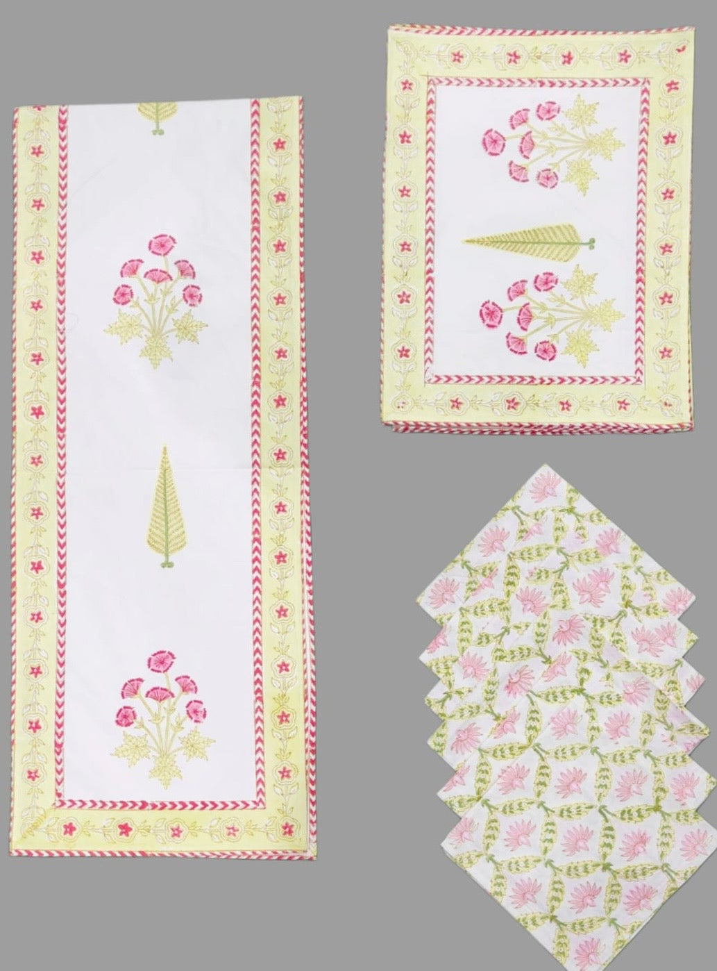 Pure cotton hand block printed placemats, runner and napkin combo for 6 seater dining table