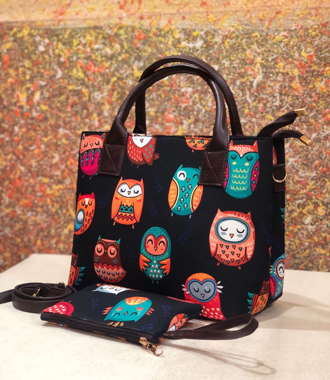 Multicoloured Owl Printed fabric handbags with coin purse and detachable sling (Size 10x12 inches)