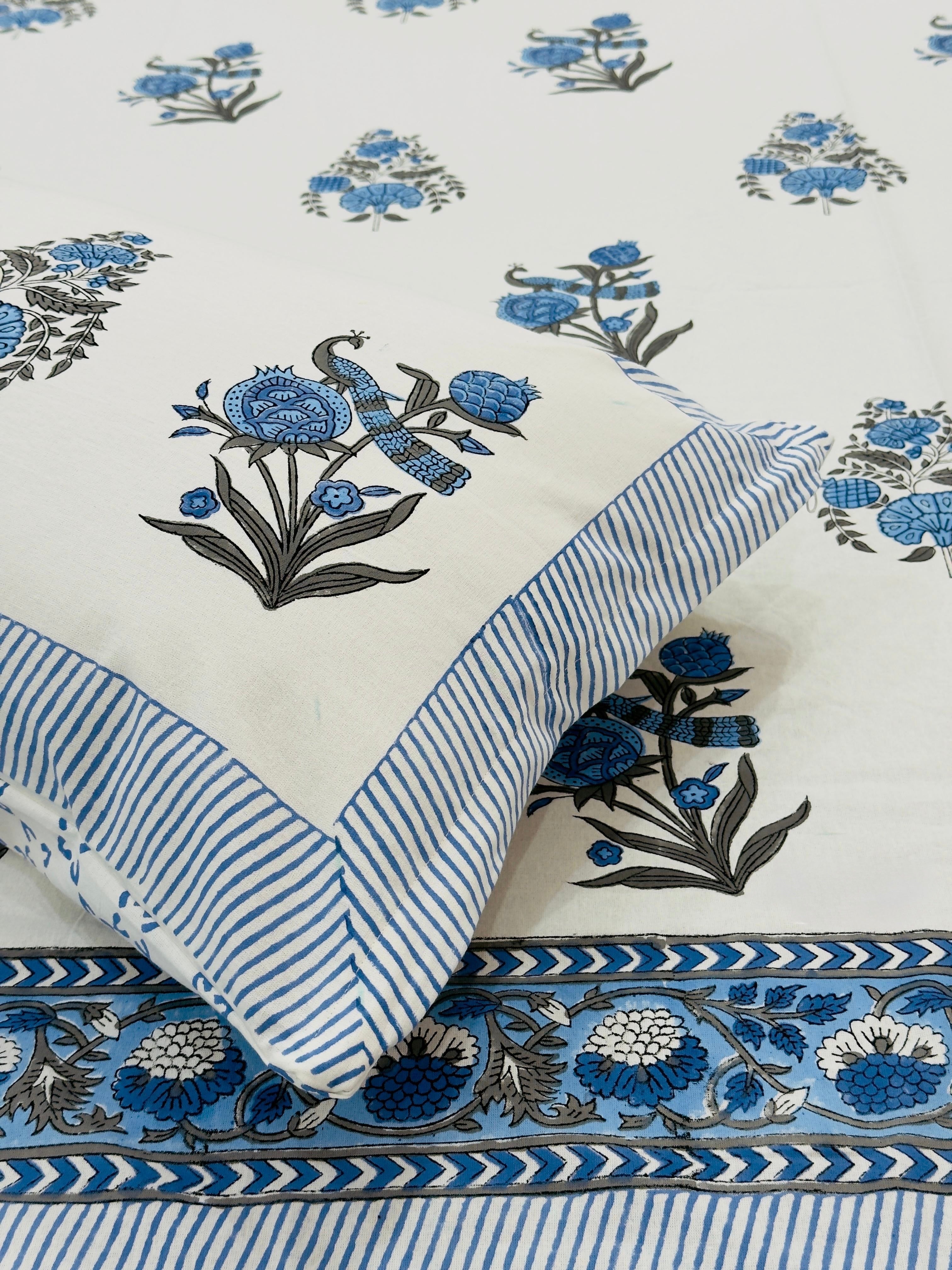 Pure cotton handblock printed king size bedsheet with 2 pillow covers (100x108 inches)