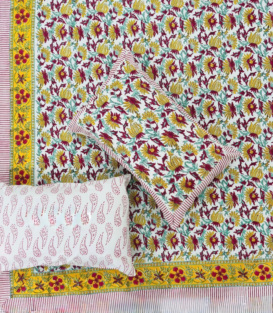 Pure cotton handblock printed king size bedsheet with 2 pillow covers (100x108 inches)