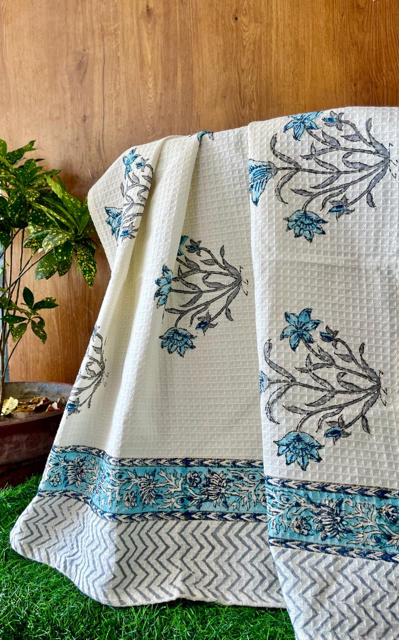 Pure cotton, hand-block printed waffle textured luxury bath towel
