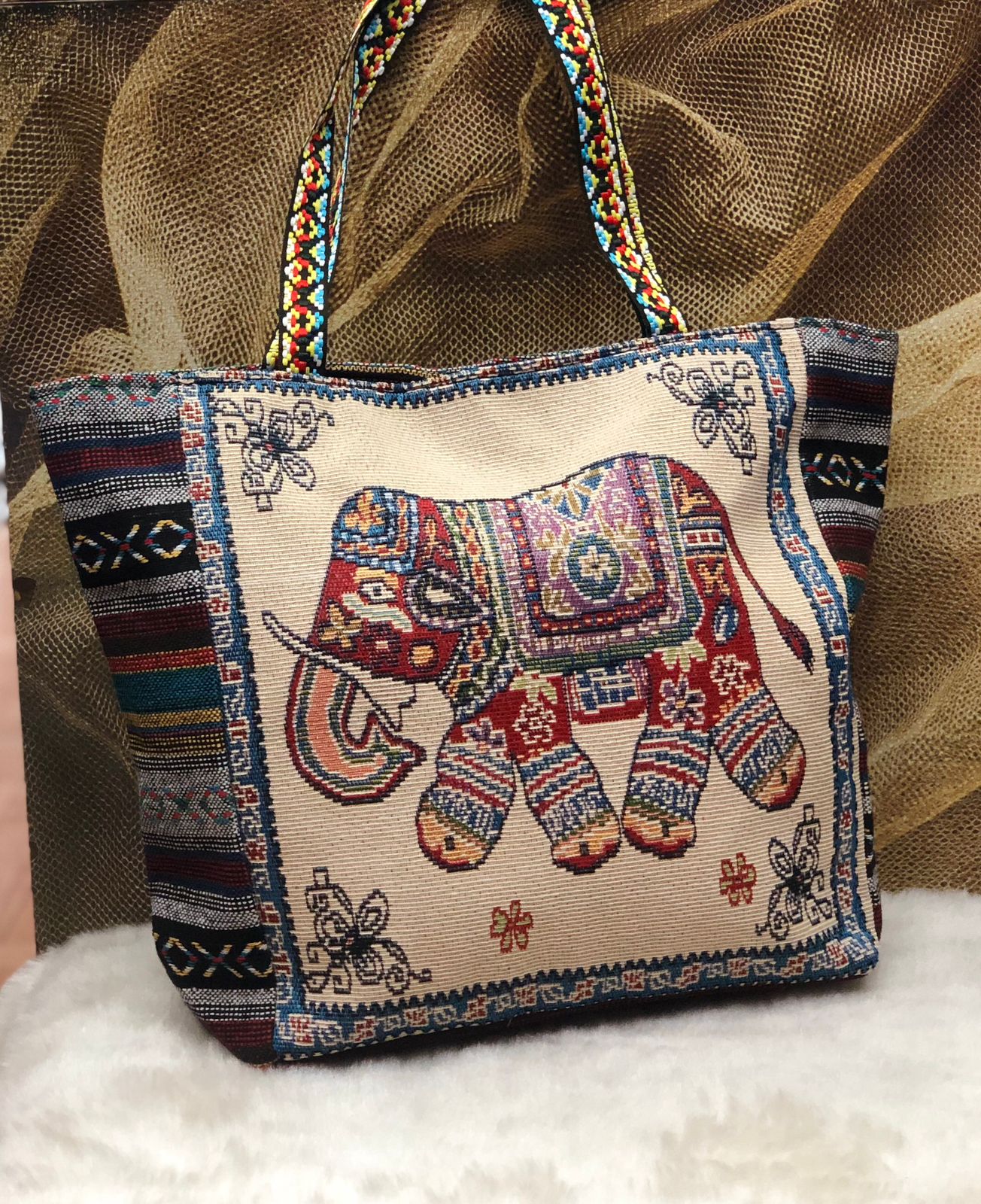 Jute cotton printed elephant tote bag (16x16 inches)