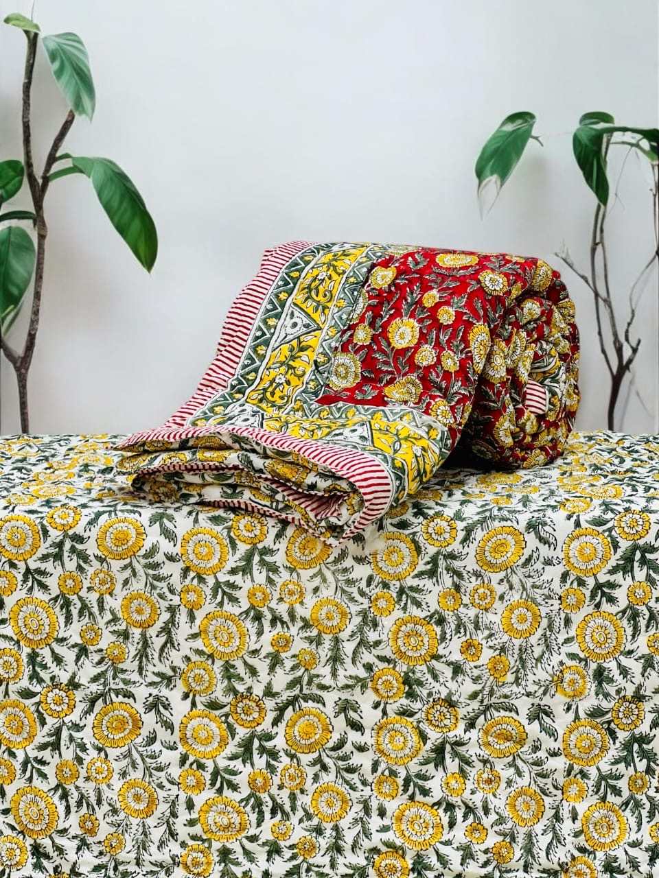 Pure mulmul cotton handblock printed single reversible quilt (razai 60x90 inches)