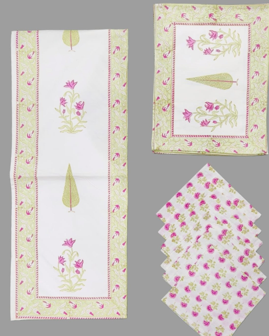 Pure cotton hand block printed placemats, runner and napkin combo for 6 seater dining table