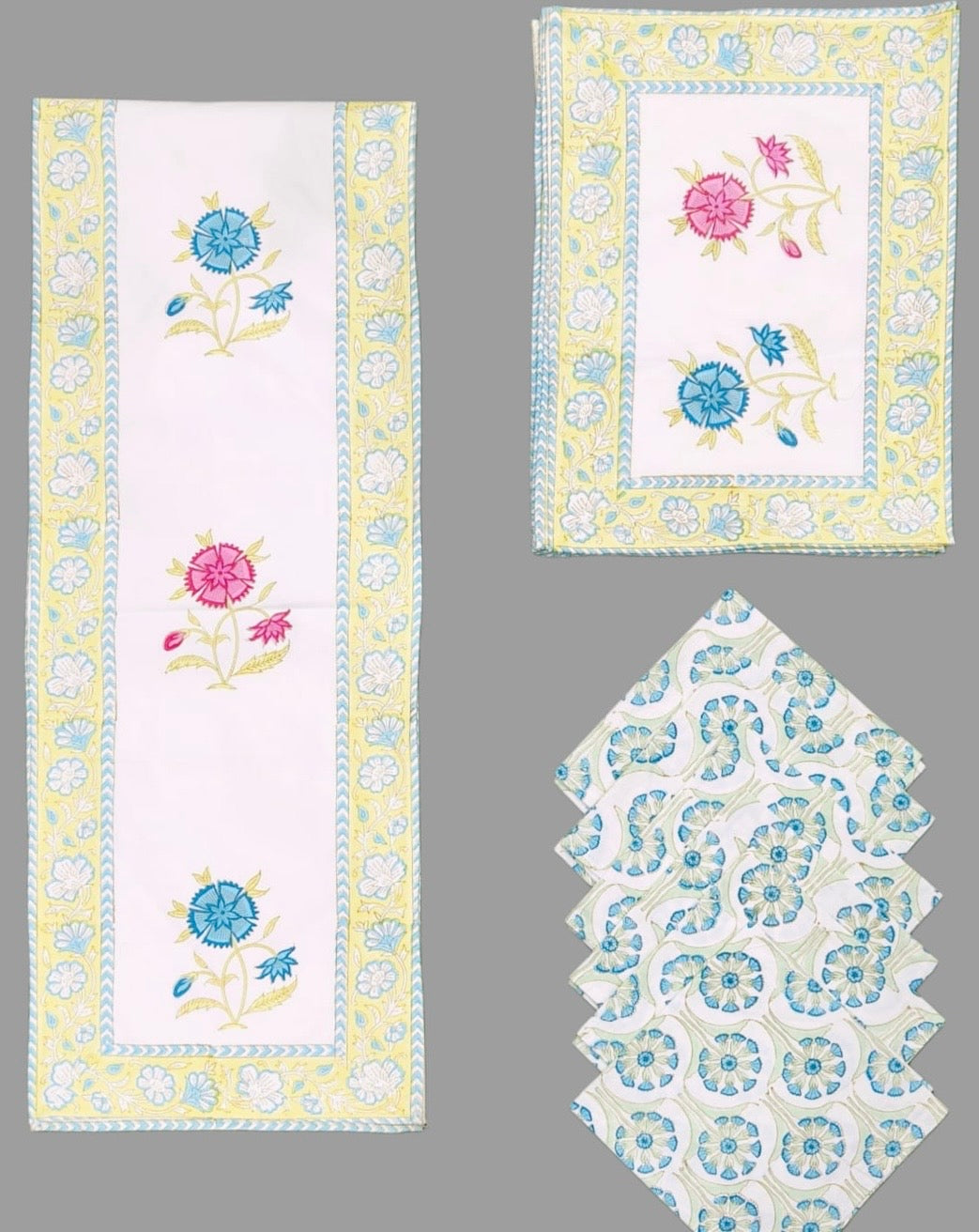Pure cotton hand block printed placemats, runner and napkin combo for 6 seater dining table