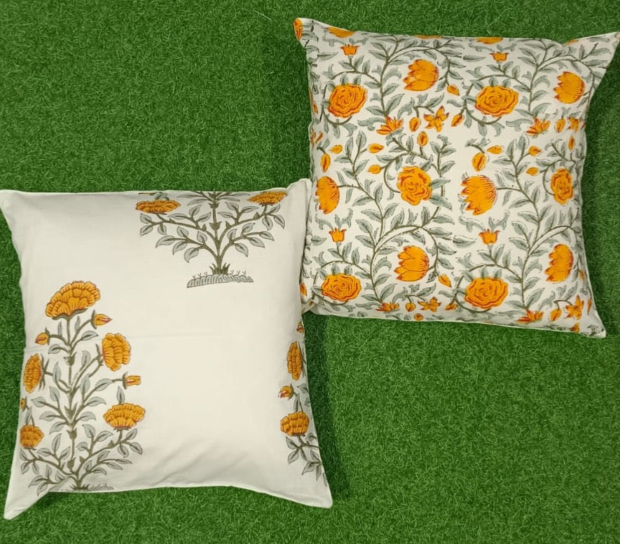 Pure cotton handblock printed set of 2 assorted cushion covers (16x16 inches)