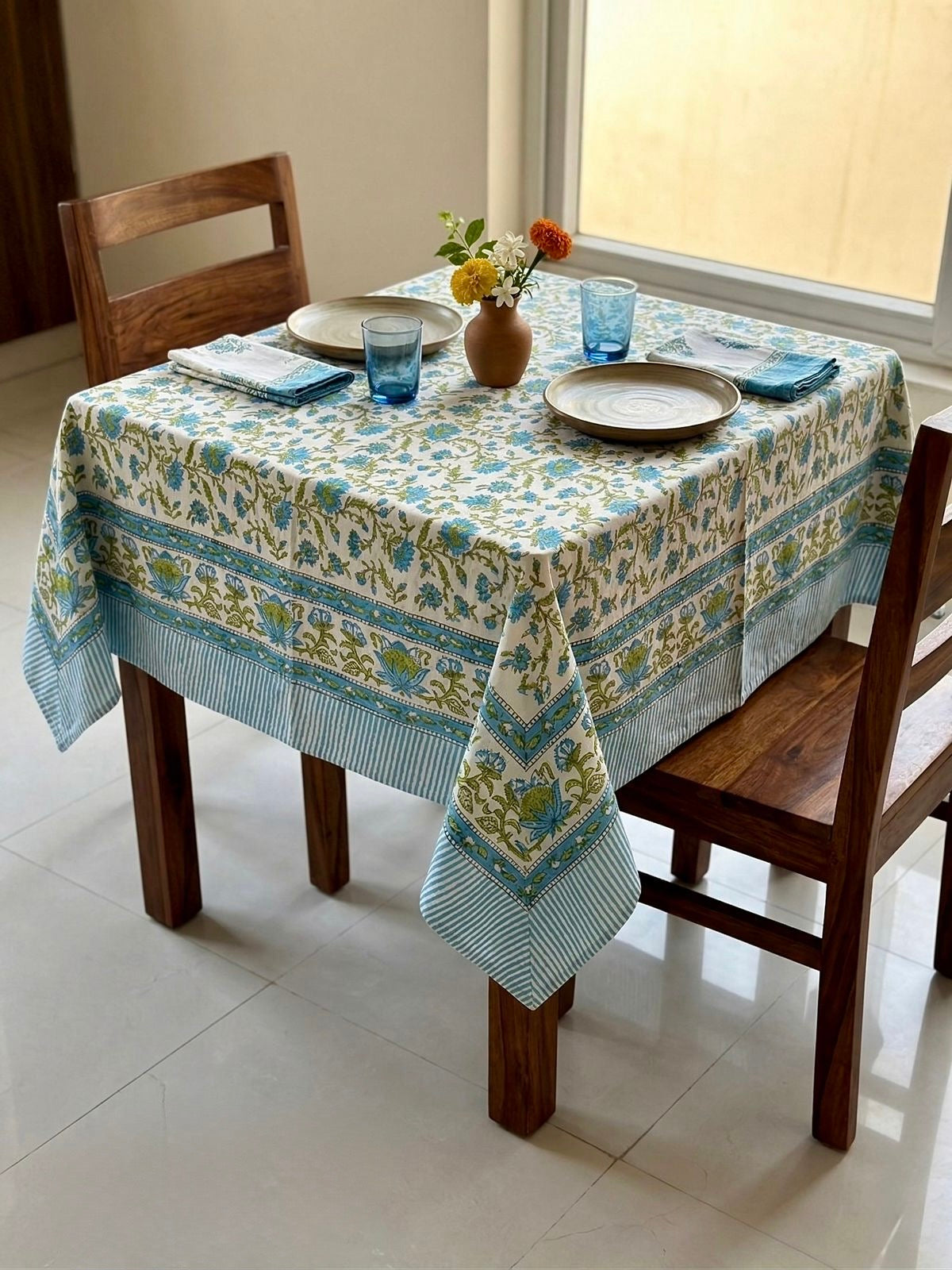 Pure cotton hand-block printed 2 seater square table cover (45x45 inches)