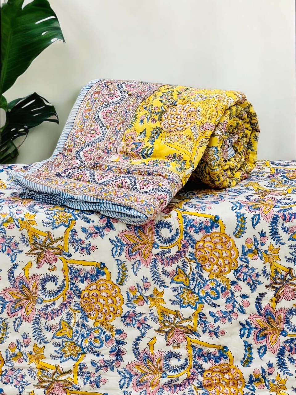 Pure mulmul cotton handblock printed single reversible quilt (razai 60x90 inches)