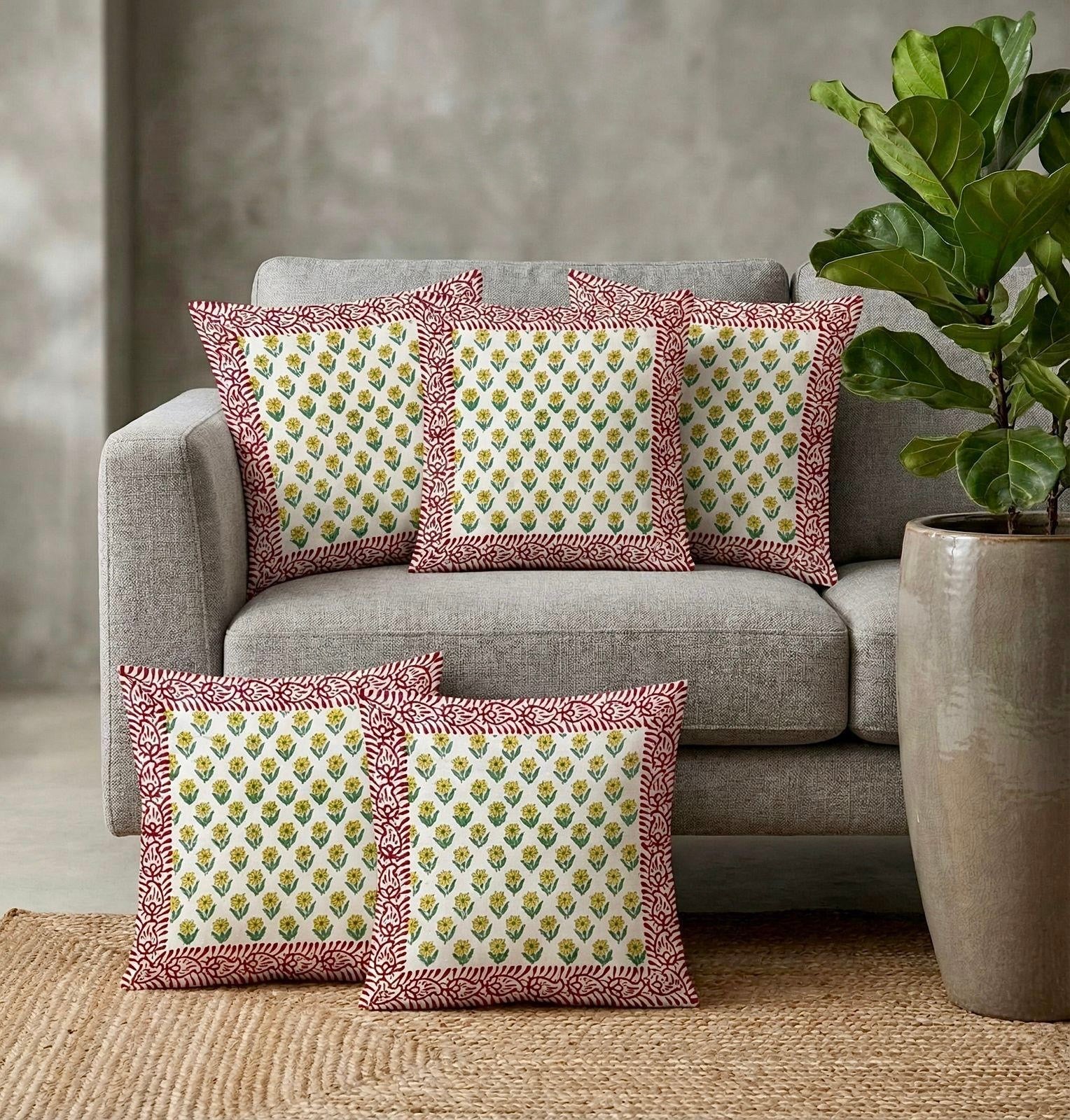 Pure cotton hand-block printed set of 5 cushion covers (16x16 inches)