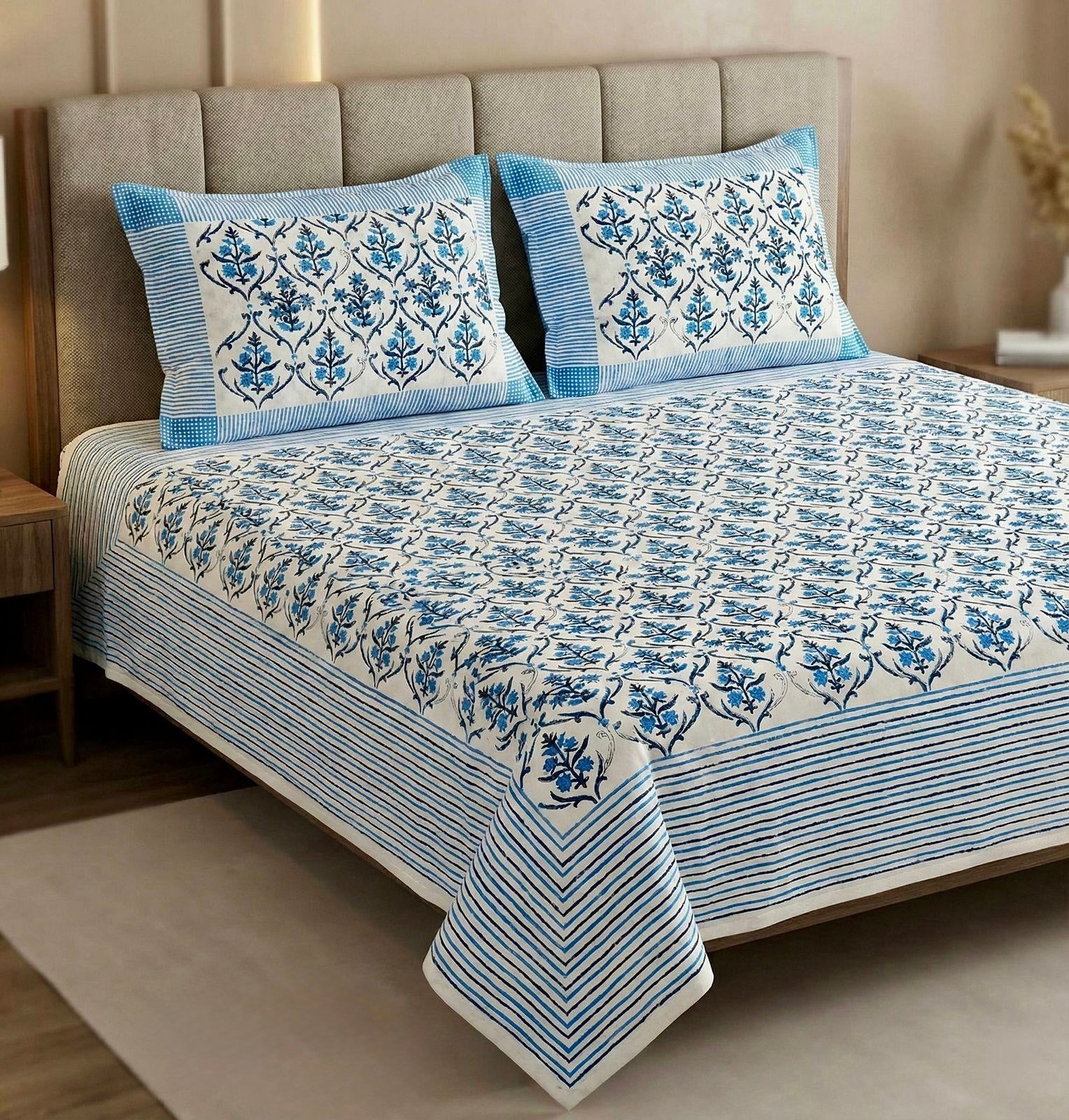 Pure cotton hand-block printed super king size double bedsheets with 2 pillow covers (108x108 inches)