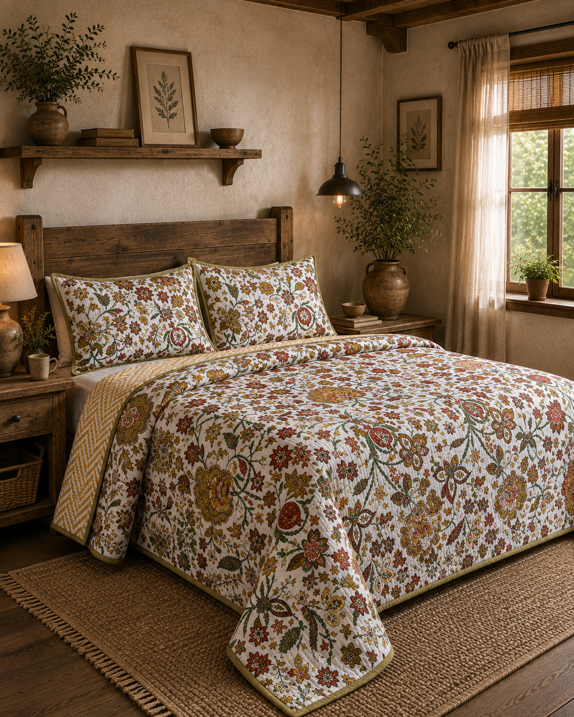 Pure cotton quilted bedcovers with two quilted pillow covers (90x108 inches)