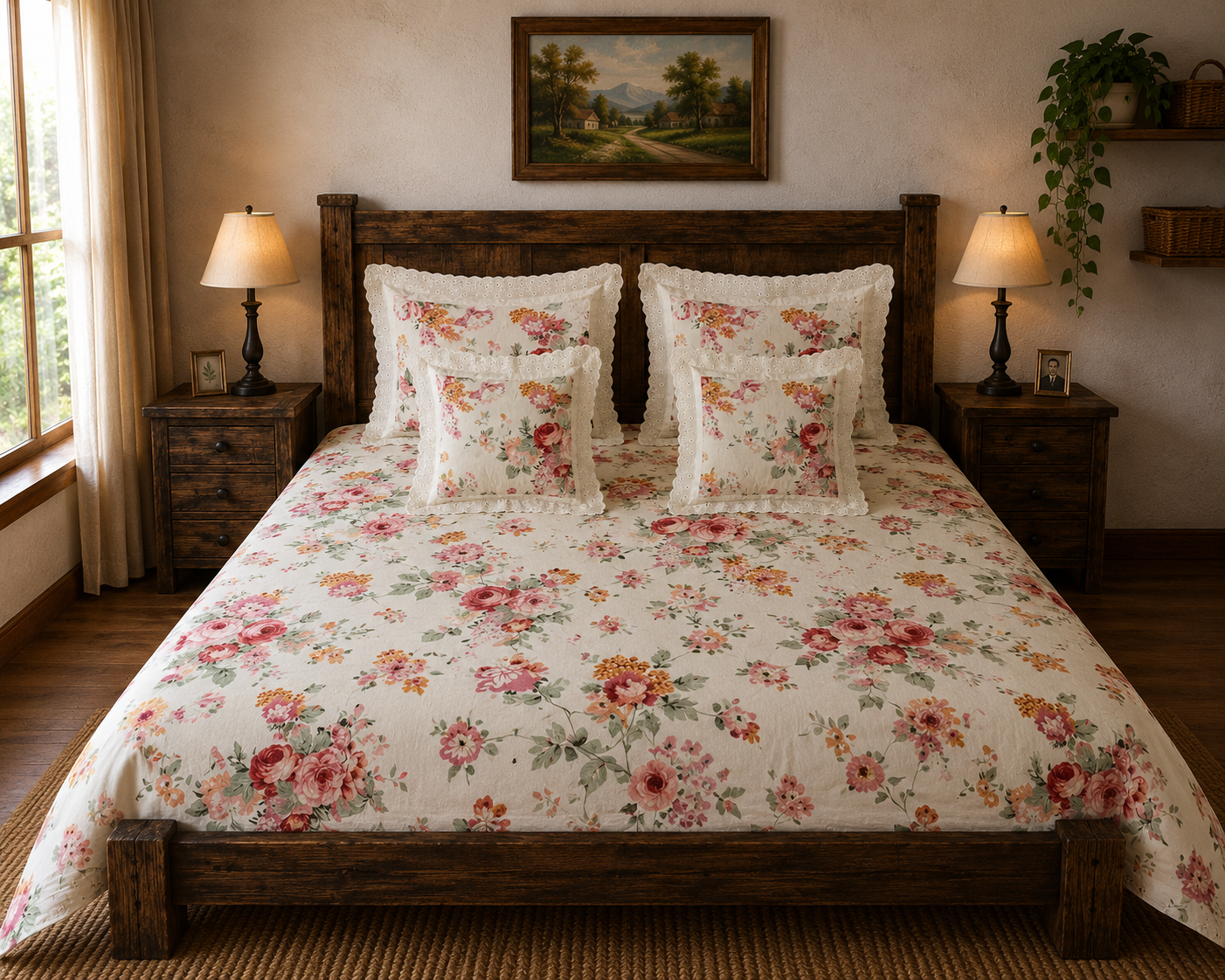 Pure cotton 5 piece bedding sets with 2 laced pillow covers and 2 laced cushion cover (108x108 inches)