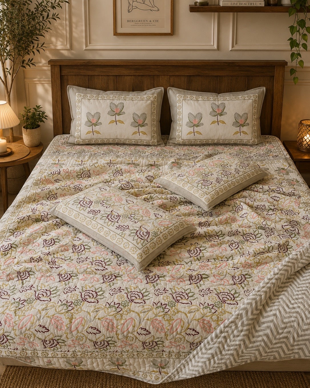 Pure cotton handblock printed king size 6 piece bedding set