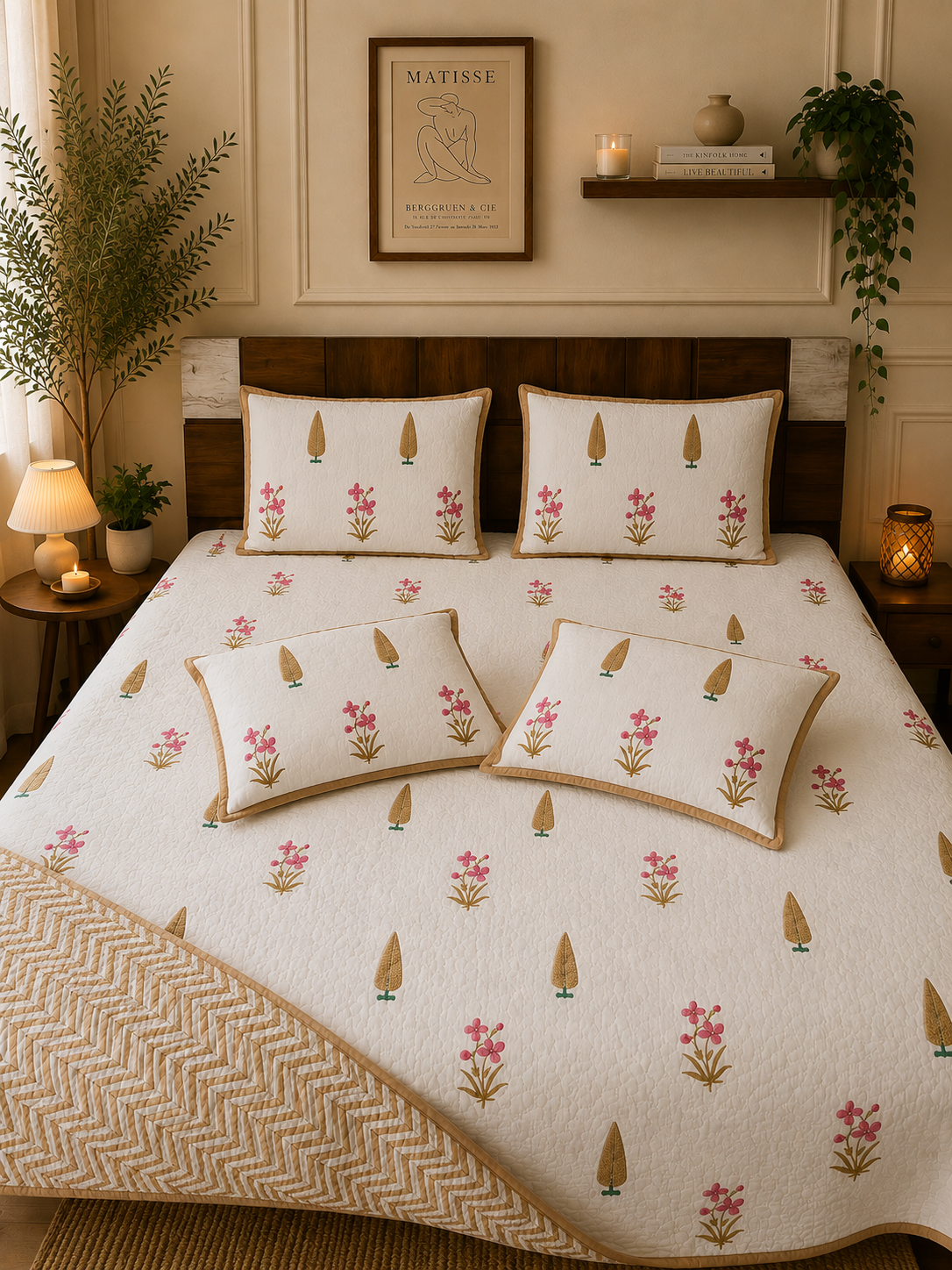 Pure cotton handblock printed king size 6 piece bedding set
