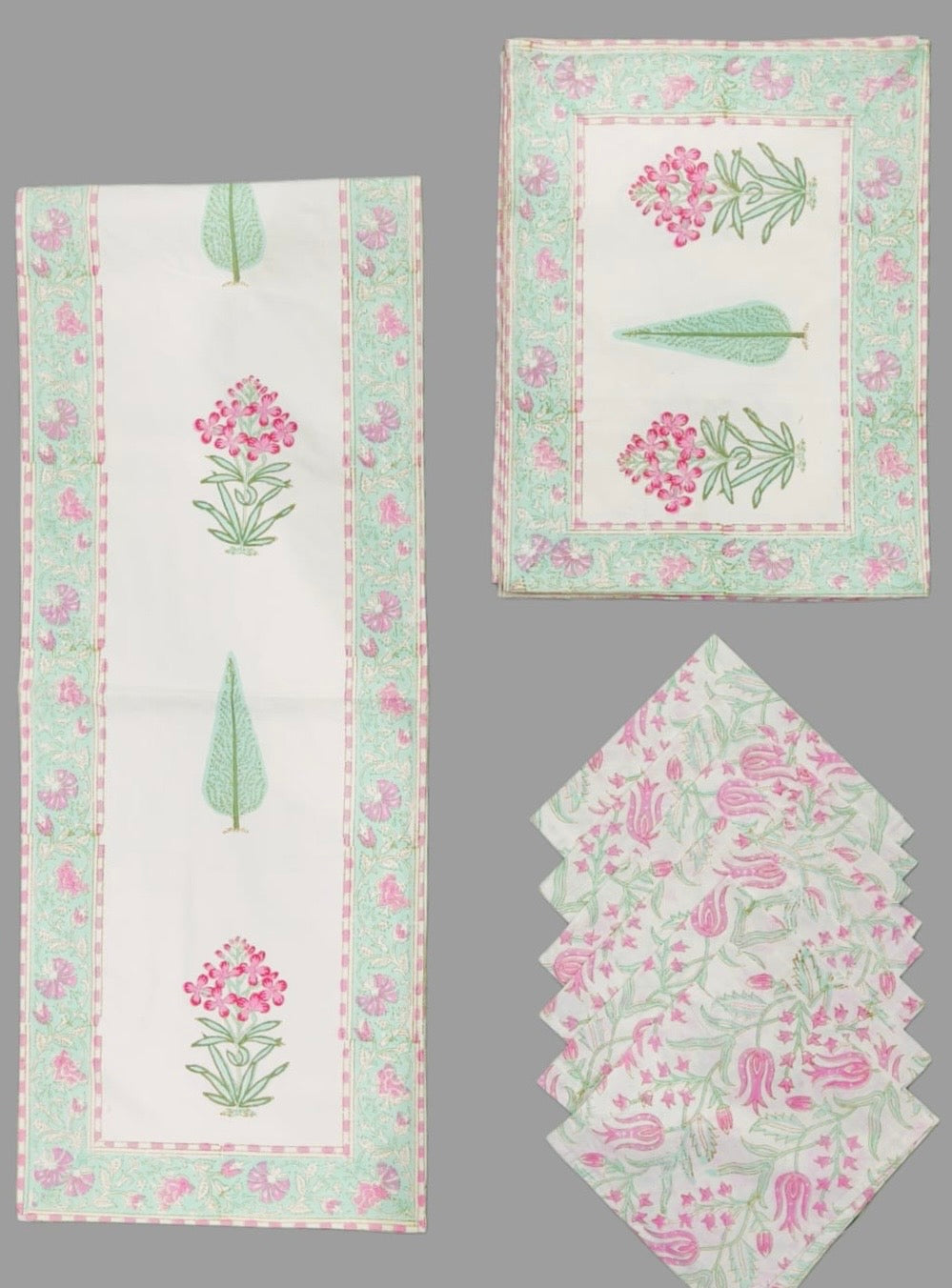 Pure cotton hand block printed placemats, runner and napkin combo for 6 seater dining table