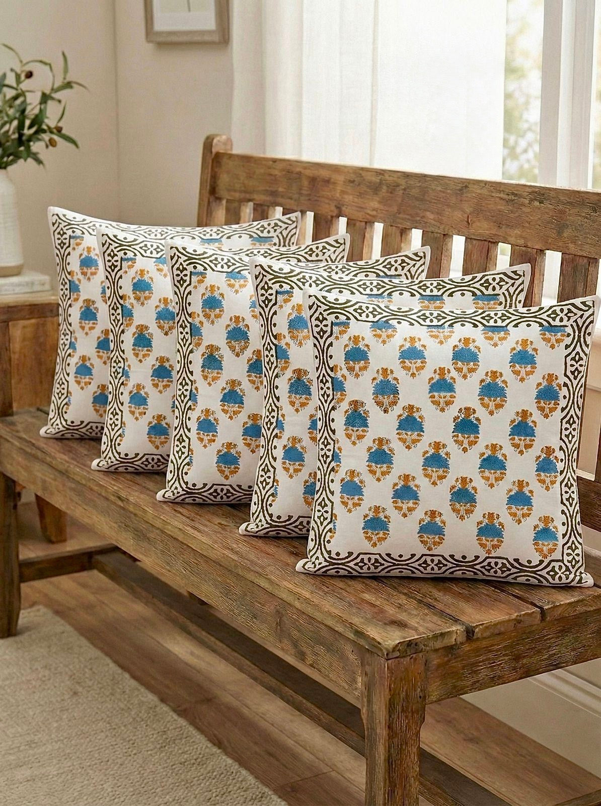 Pure cotton hand-block printed set of 5 cushion covers (16x16 inches)