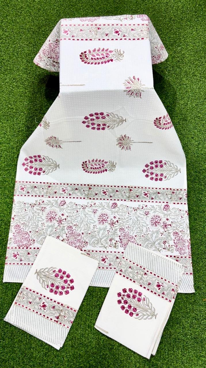 Pure cotton waffled textured hand-block printed bath combos (1 bath and 2 hand towels)