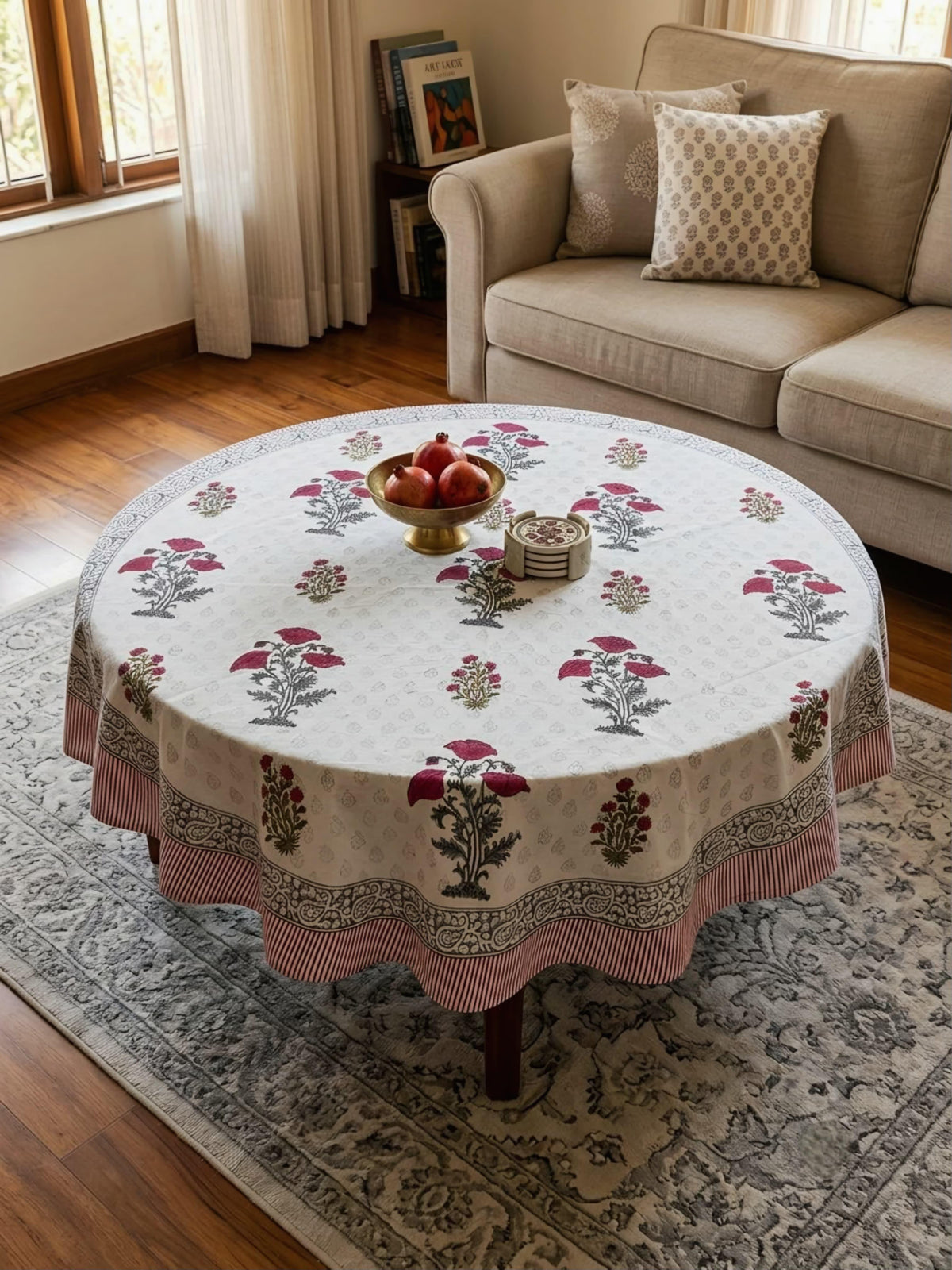 Pure cotton hand-block printed table cover for 4 seater dining table / centre table (60 inches diameter)