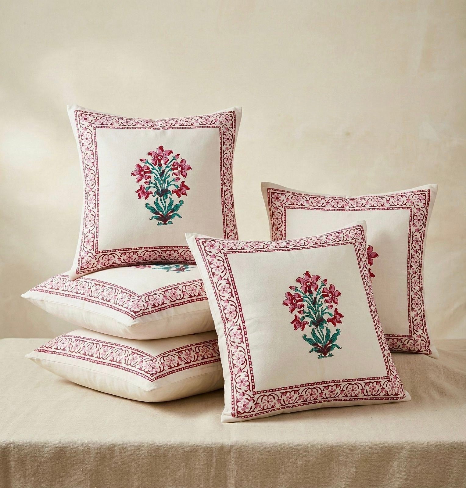 Pure cotton hand-block printed set of 5 cushion covers (16x16 inches)