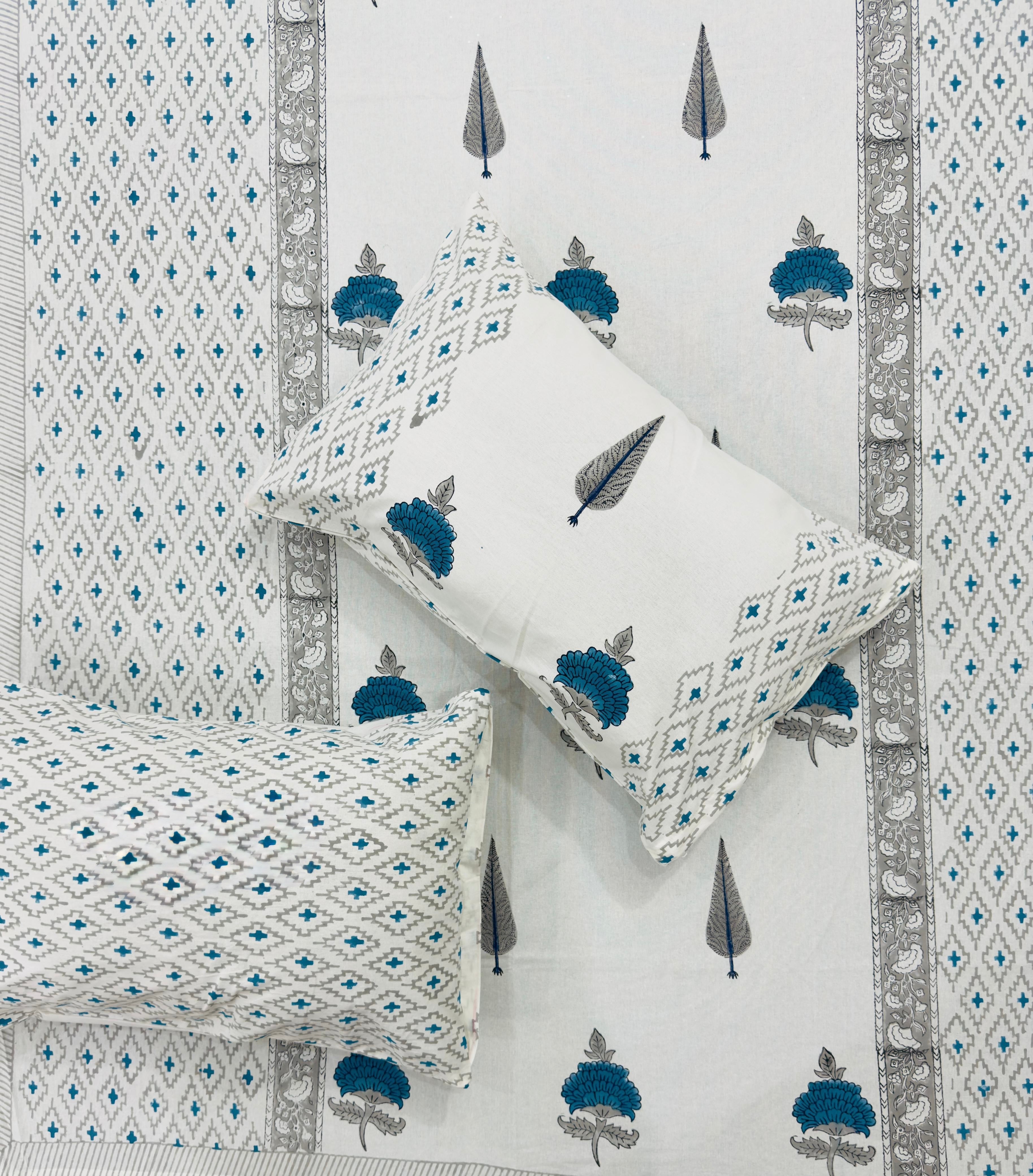 Pure cotton hand-block printed super king size double bedsheets with 2 pillow covers (108x108 inches)