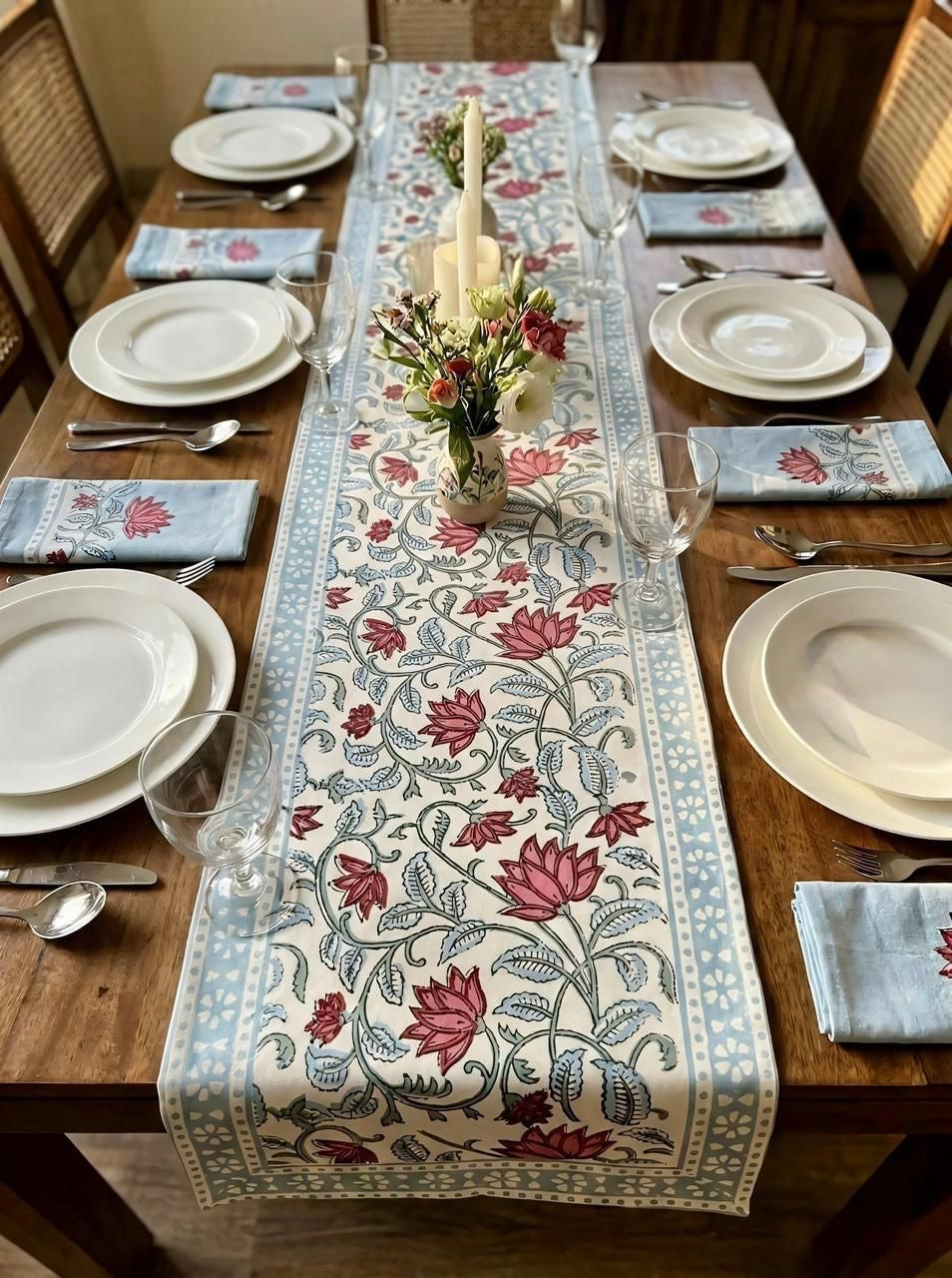 Pure canvas cotton handblock printed runners for 4 and 6 seater dining tables