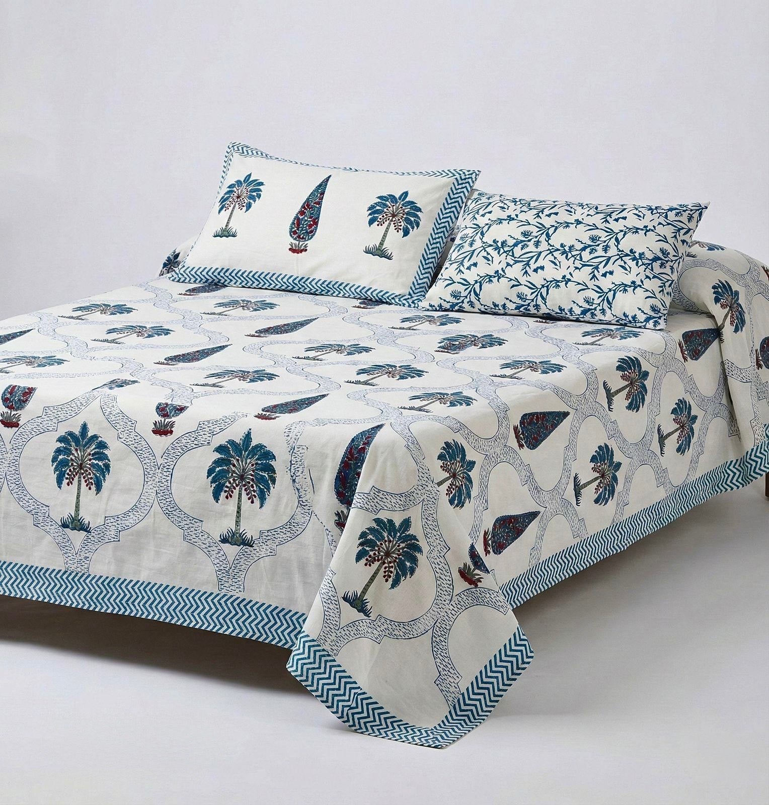Pure cotton hand-block printed super king size double bedsheets with 2 pillow covers (108x108 inches)