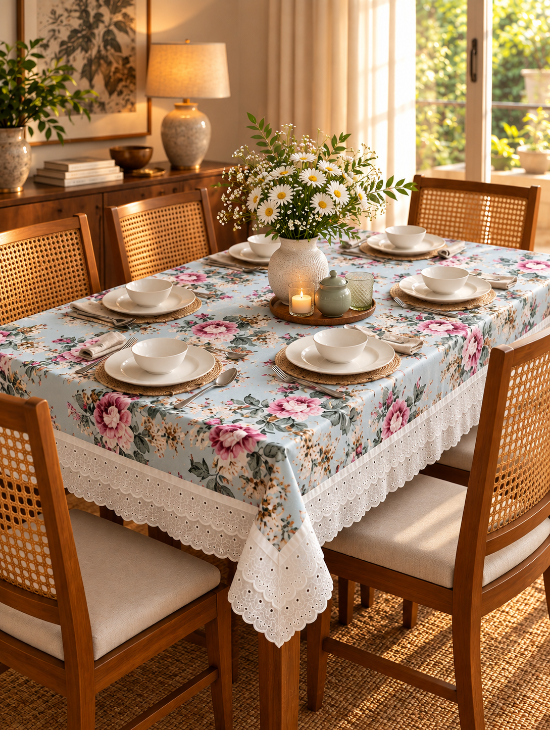 Pure cotton laced table covers for 4, 6 and 8 seater dining tables