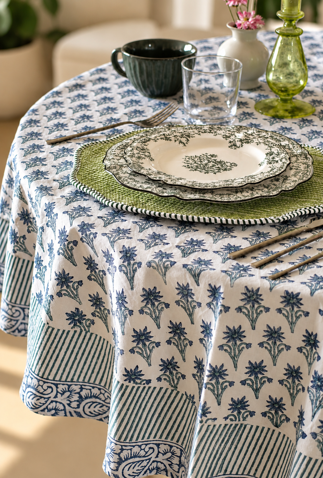 Pure cotton hand-block printed table cover for 4 seater dining table / centre table (60 inches diameter)