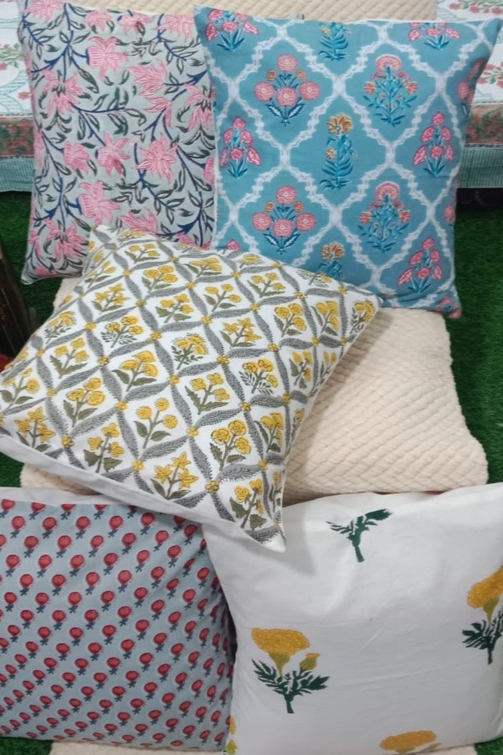 Pure cotton handblock printed set of 5 assorted cushion covers (16x16 inches) Offer
