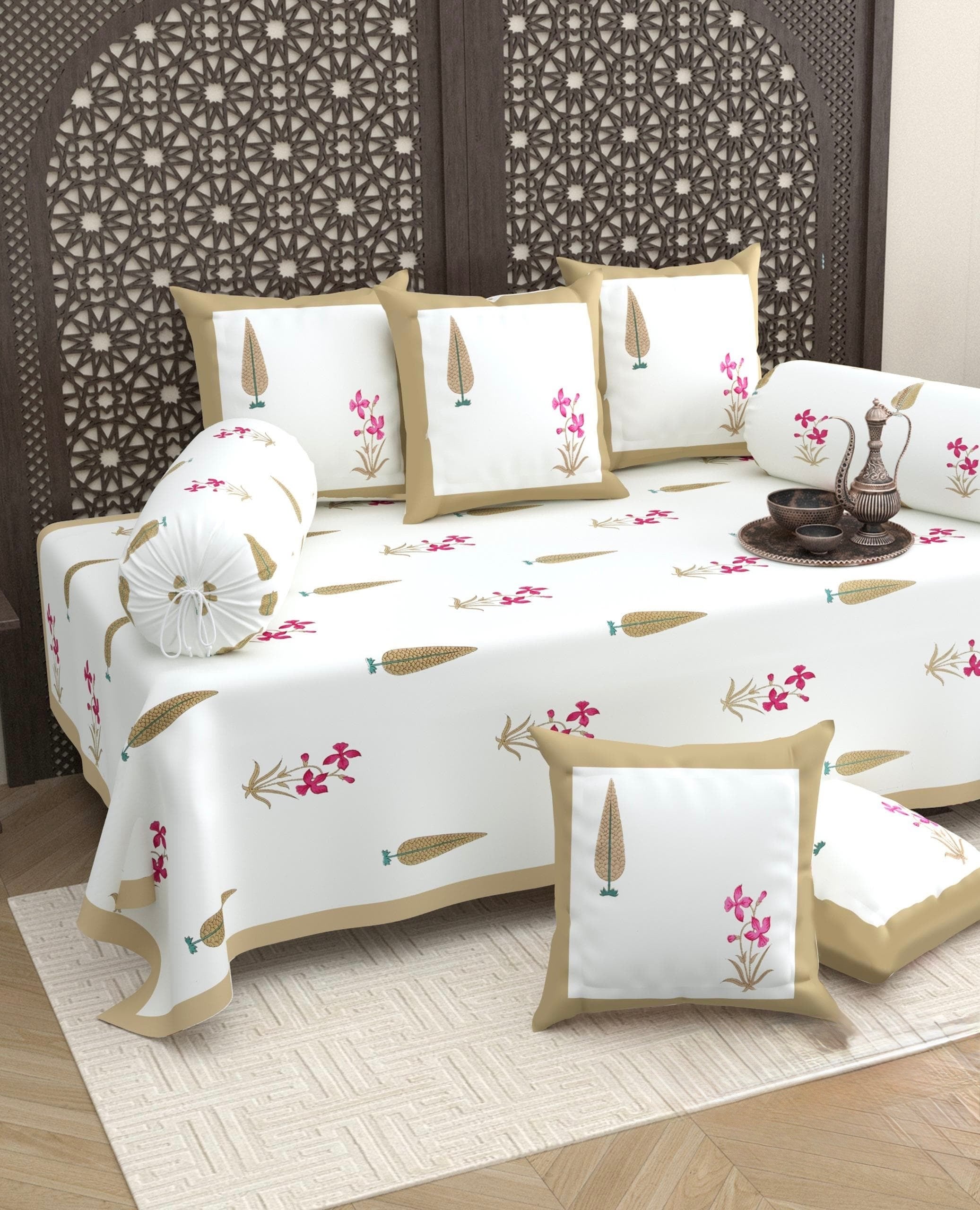 Pure cotton hand block printed 8 piece traditional diwan set (70x100 inches)