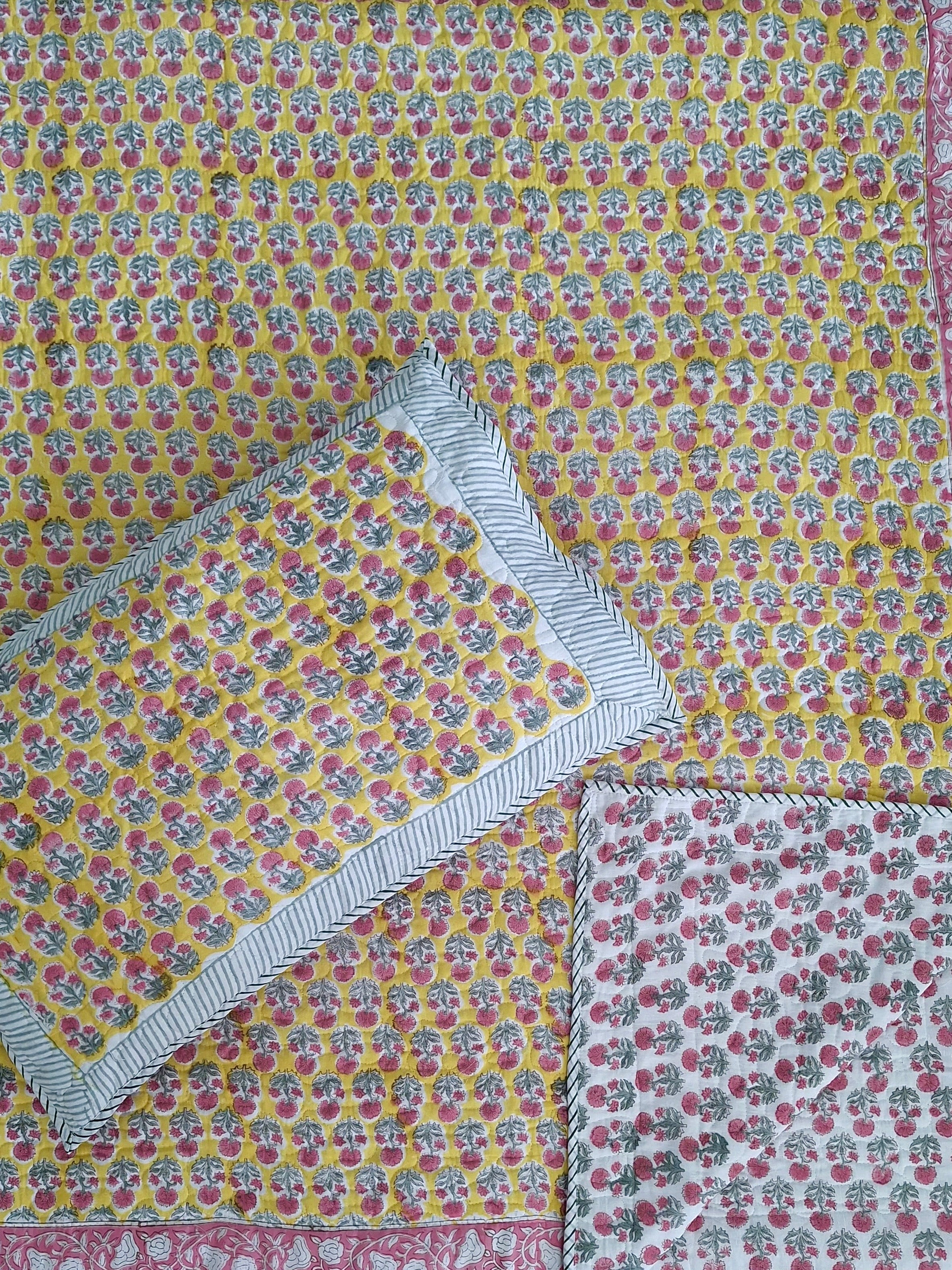 Pure mulmul cotton paani jaal quilted hand-block printed double bedcovers with 2 quilted pillow covers for king size beds (90x108 inches)