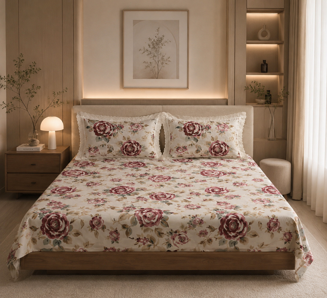 Pure cotton super king size bedsheets with 2 laced pillow covers (108x108 inches/9x9 feet)