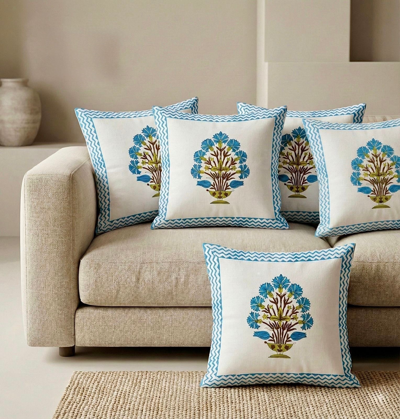 Pure cotton hand-block printed set of 5 cushion covers (16x16 inches)