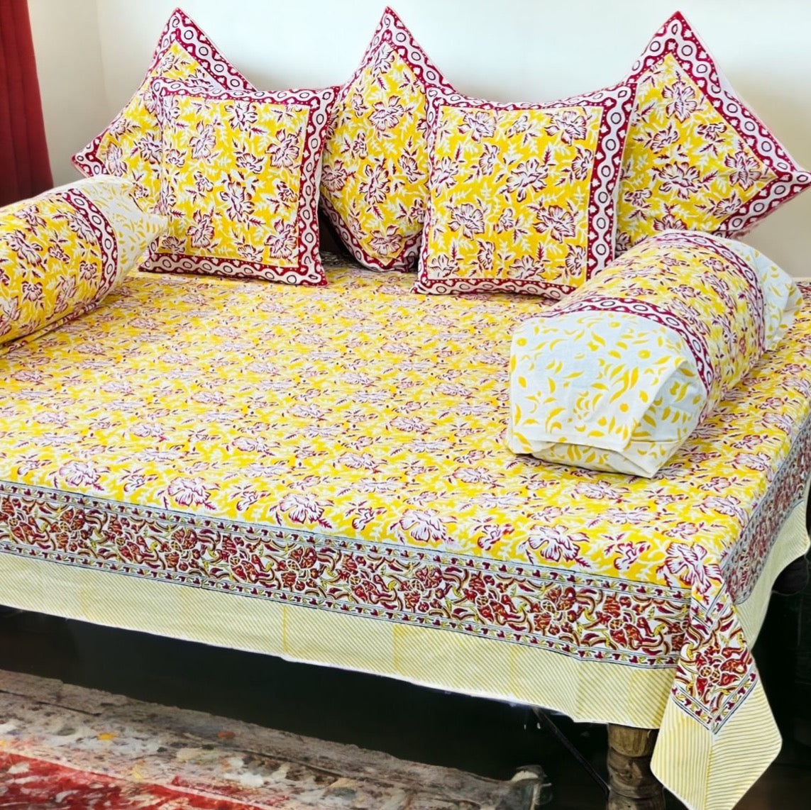 Pure cotton hand block printed 8 piece traditional diwan set (70x100 inches)