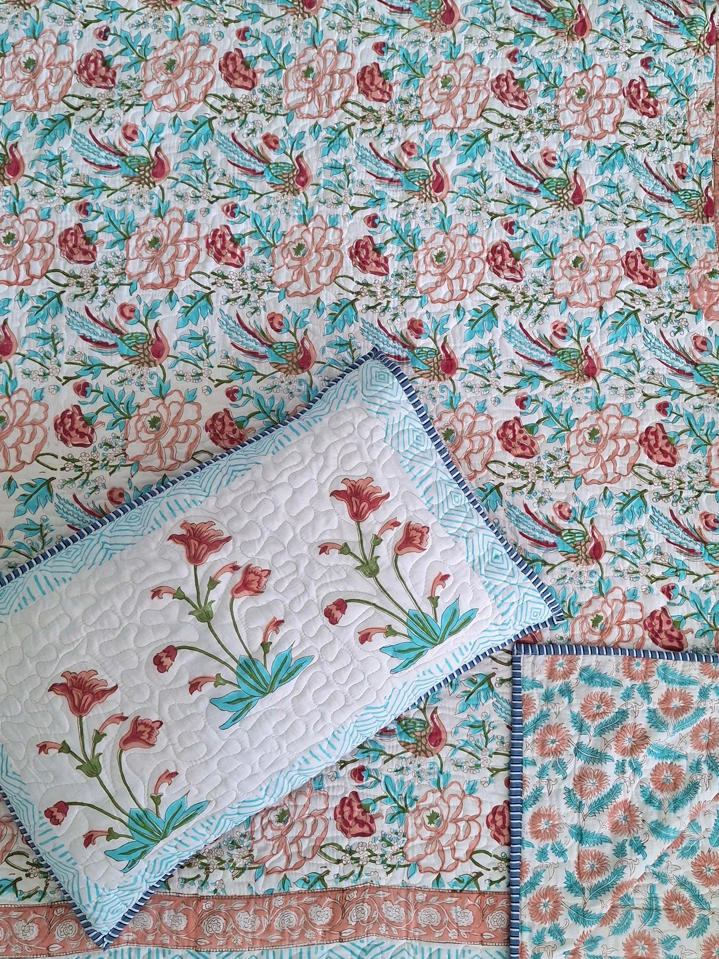 Pure mulmul cotton paani jaal quilted hand-block printed double bedcovers with 2 quilted pillow covers for king size beds (90x108 inches)
