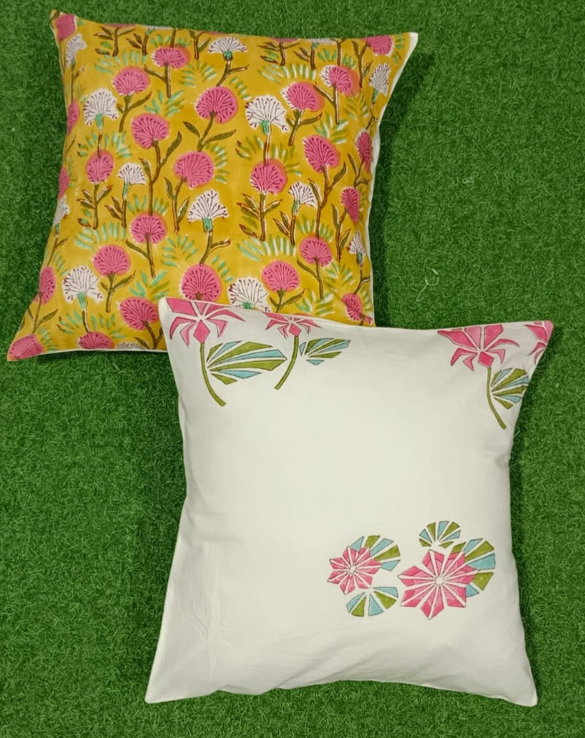 Pure cotton handblock printed set of 2 assorted cushion covers (16x16 inches)