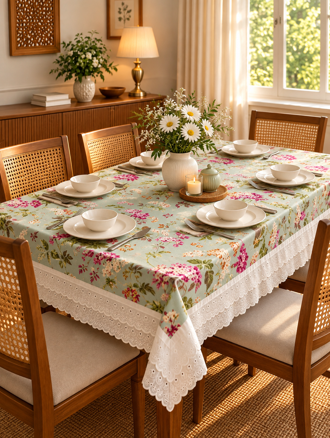 Pure cotton laced table covers for 4, 6 and 8 seater dining tables