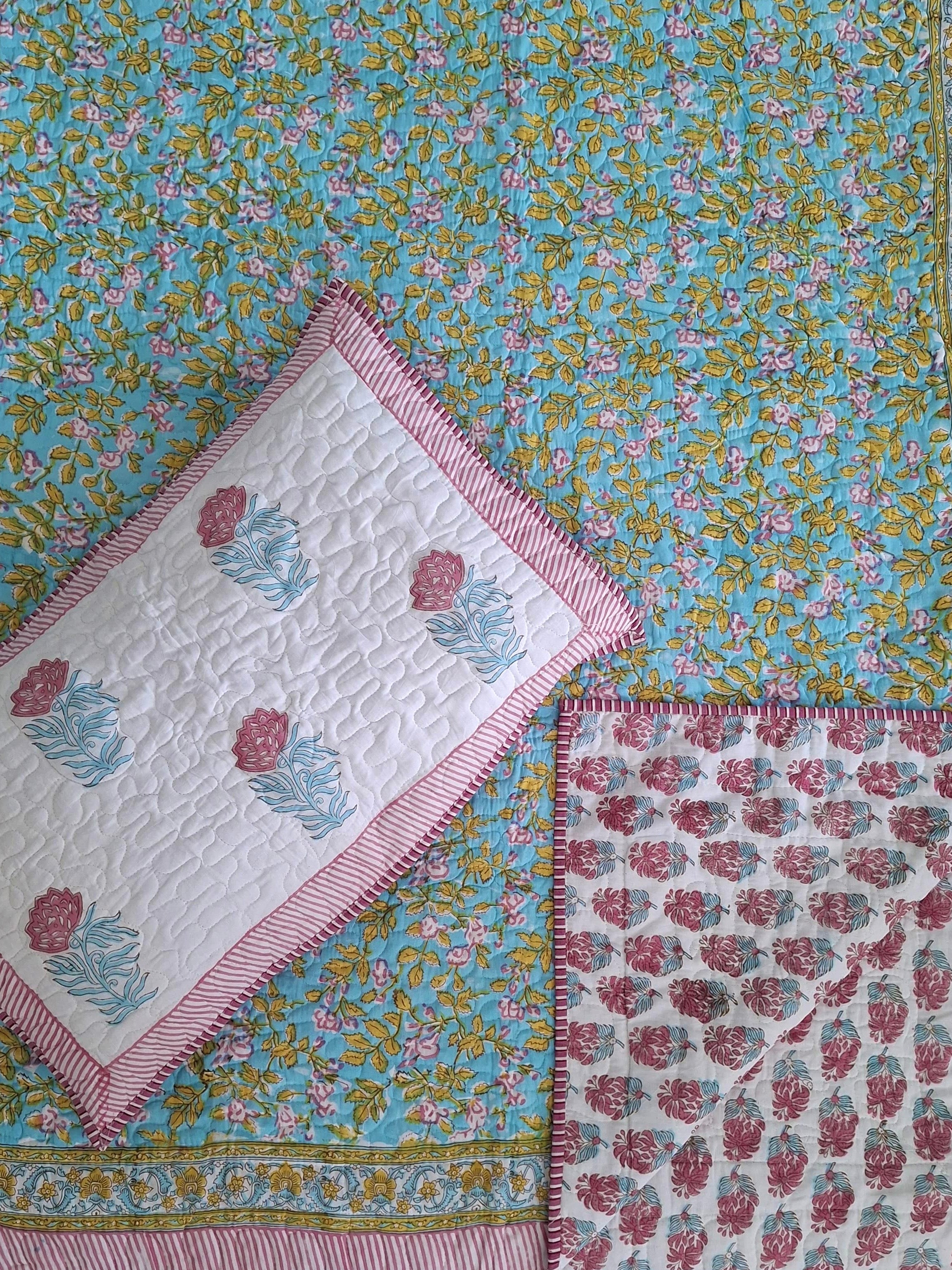 Pure mulmul cotton paani jaal quilted hand-block printed double bedcovers with 2 quilted pillow covers for king size beds (90x108 inches)