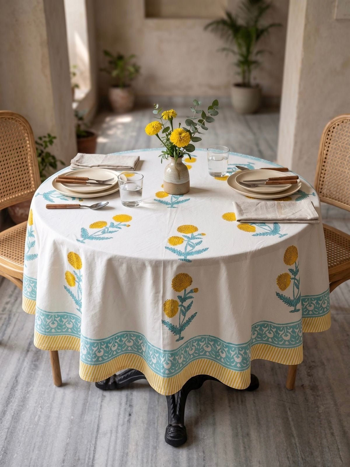 Pure cotton hand-block printed 2 seater round coffee table covers