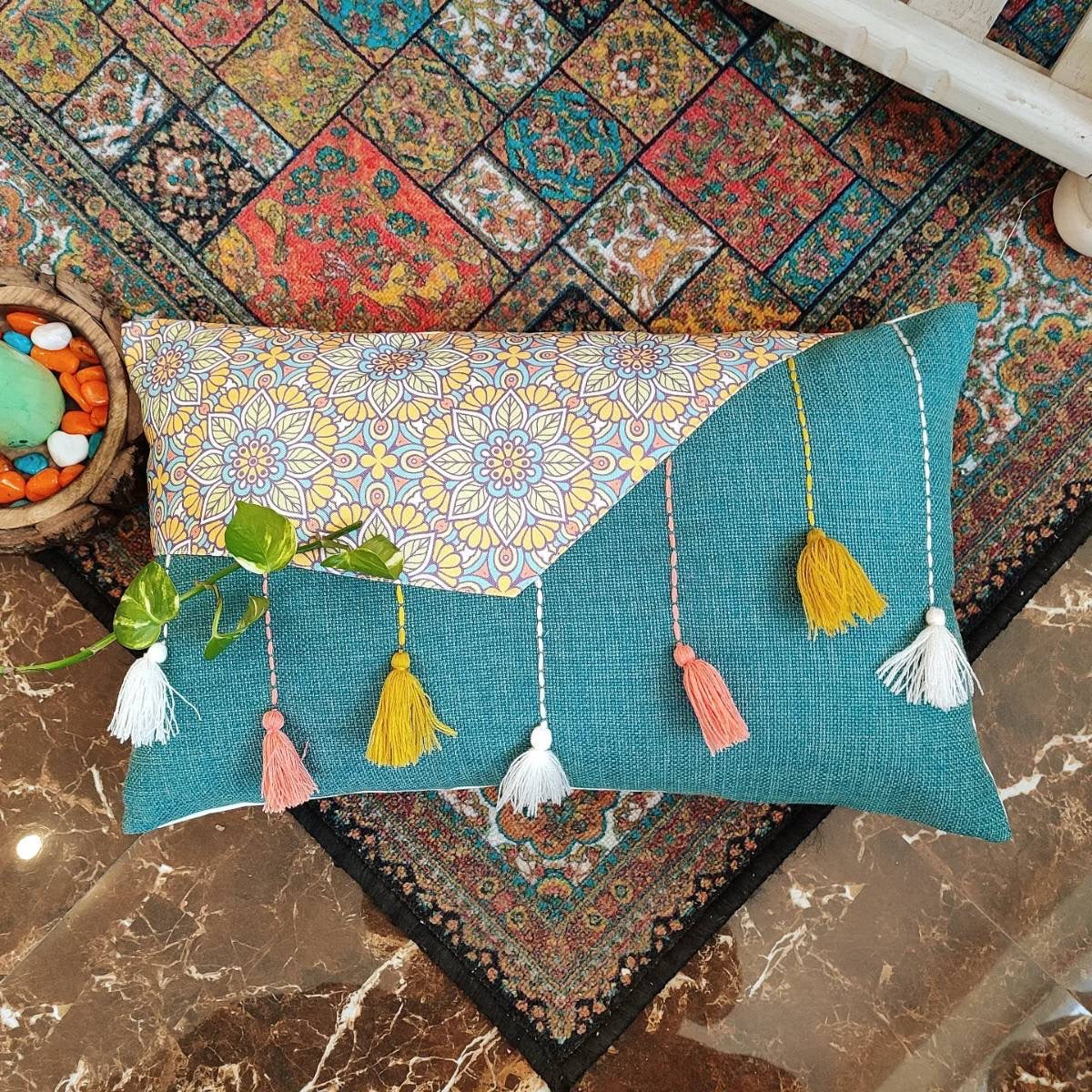 Patch work combined with Kantha work and tasseled cushion cover (30x50 cms)