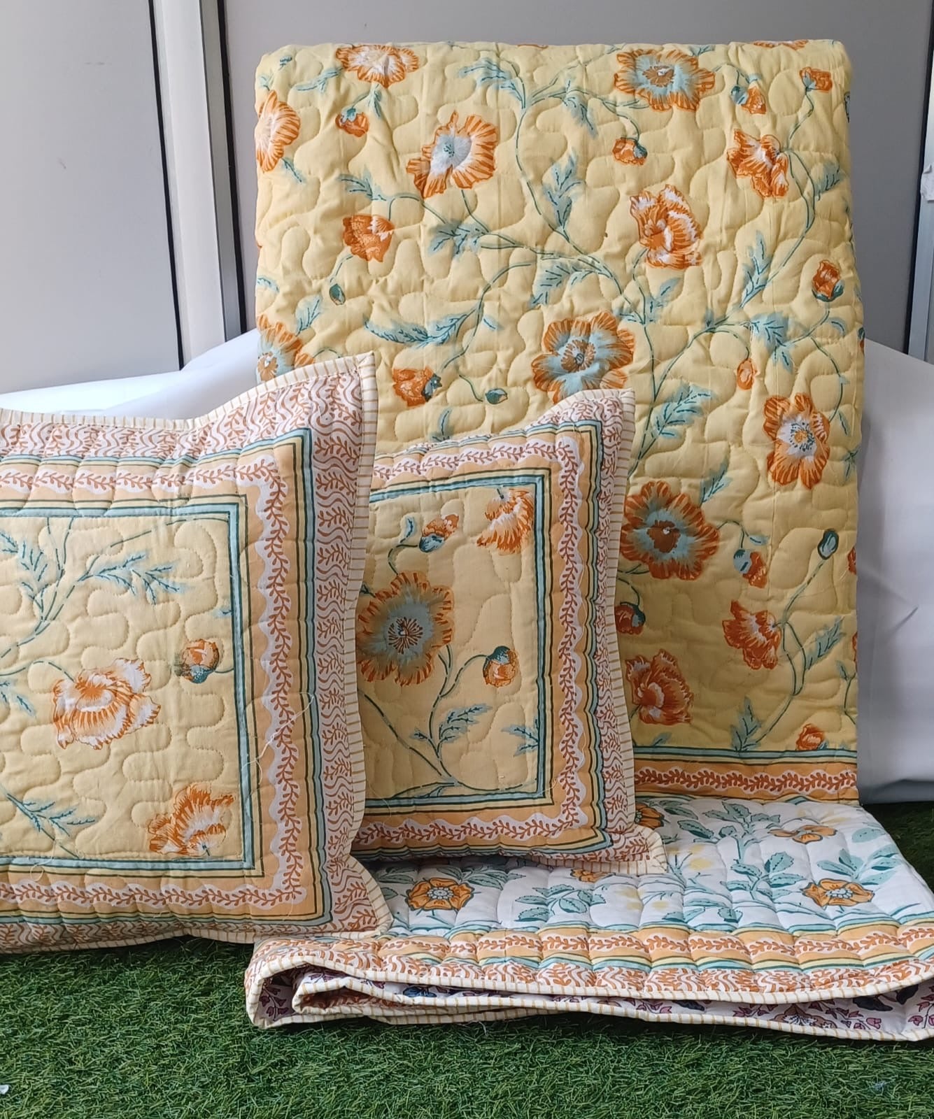 Pure cotton paani jaal quilted reversible double bedcovers with 2 quilted pillow covers (90x108 inches)
