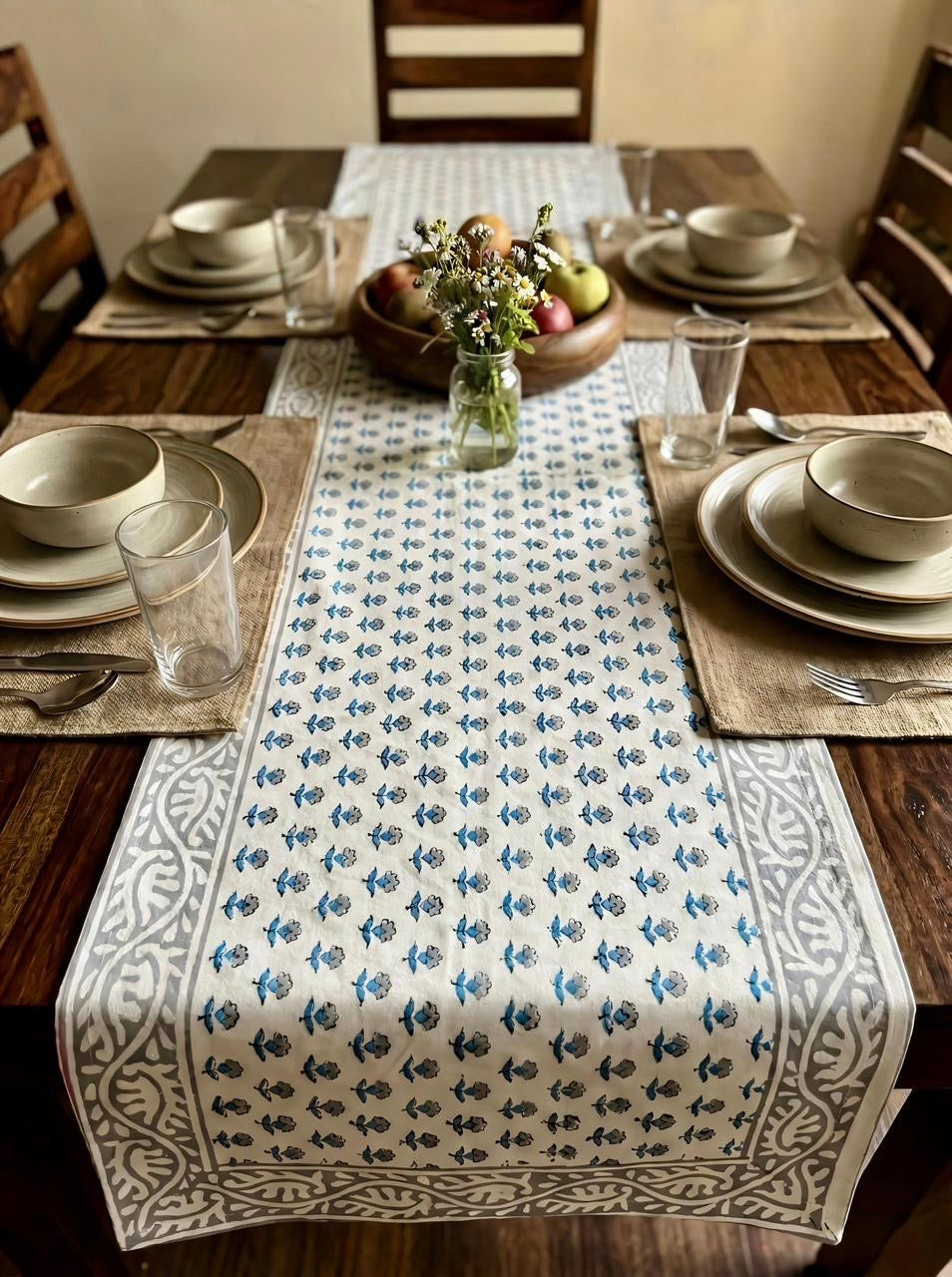Pure canvas cotton handblock printed runners for 4 and 6 seater dining tables