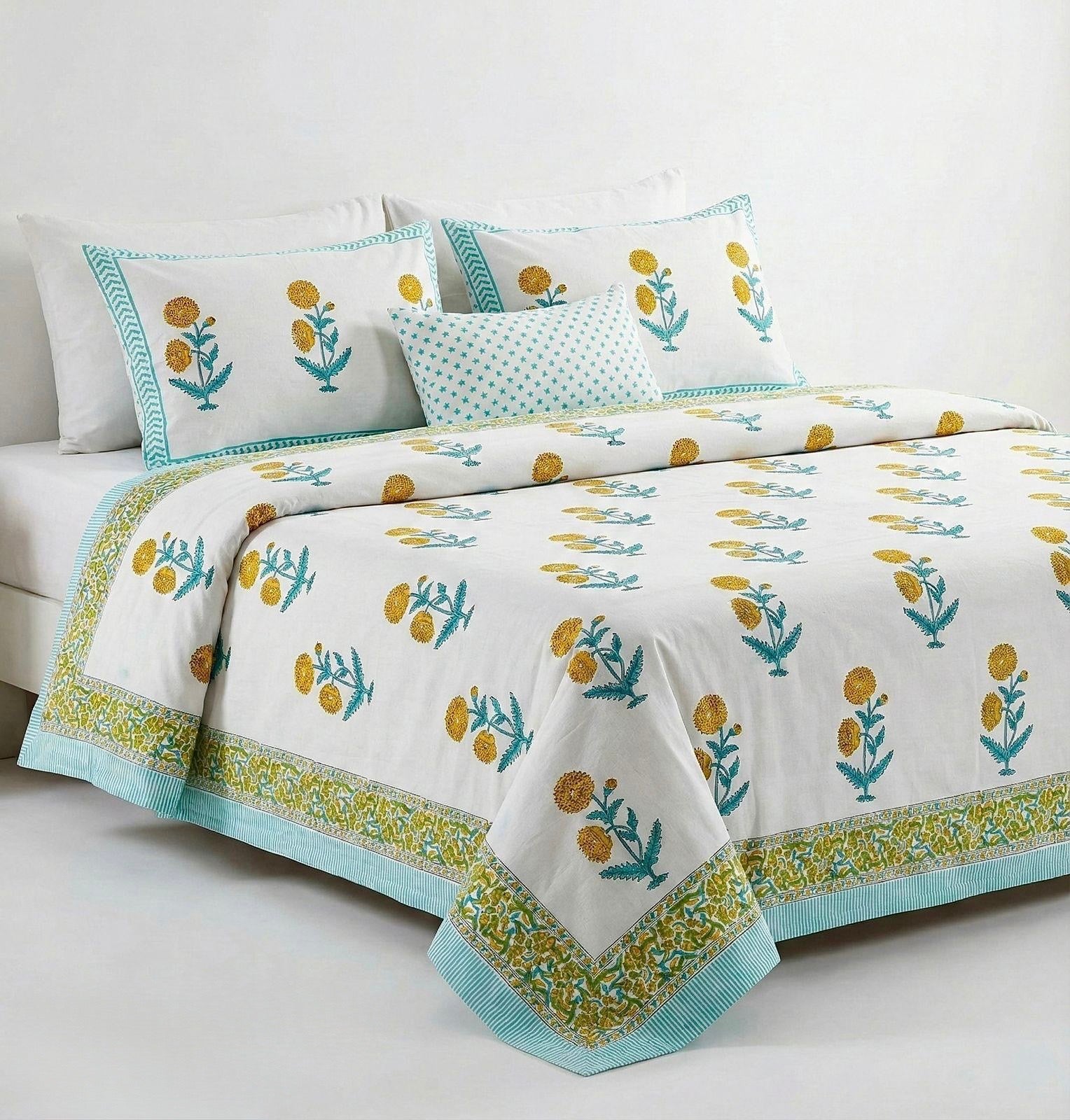 Pure cotton hand-block printed super king size double bedsheets with 2 pillow covers (108x108 inches)