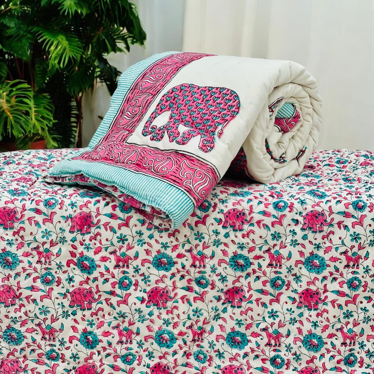 Pure mulmul cotton handblock printed single reversible quilt (razai 60x90 inches)