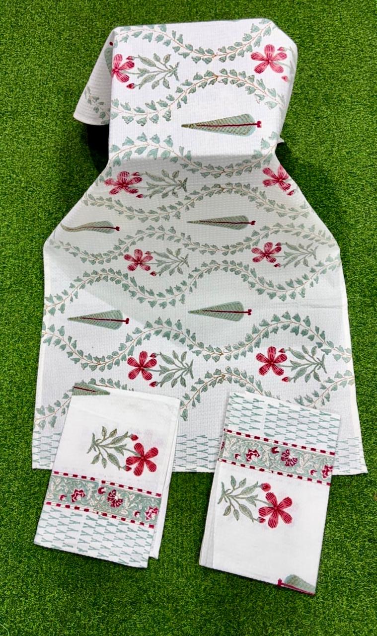 Pure cotton waffled textured hand-block printed bath combos (1 bath and 2 hand towels)